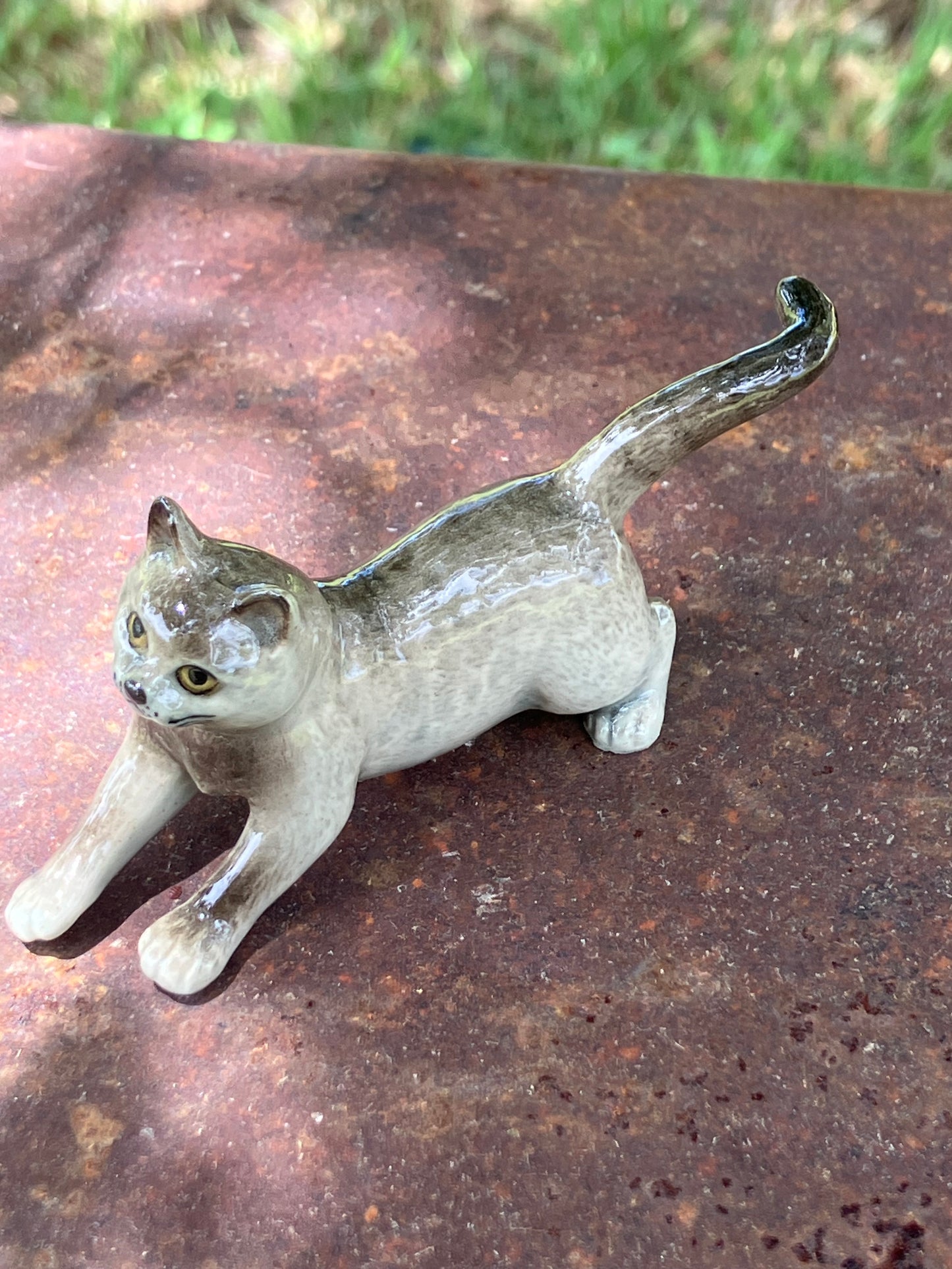 Miniature Porcelain Grey Cat Hand Painted Figurine