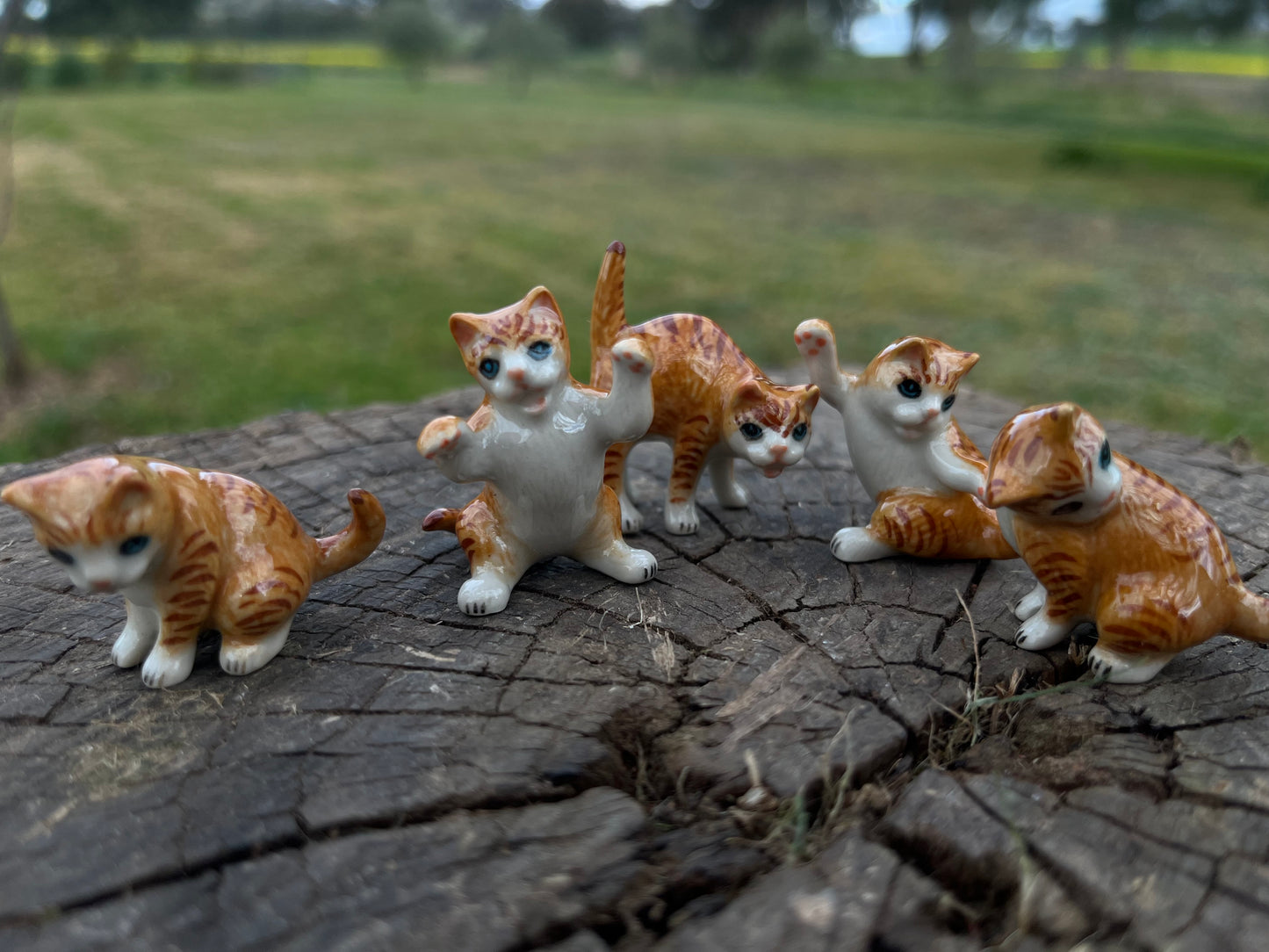 Miniature Porcelain Ginger Yoga Cats Figurines — Set of 5