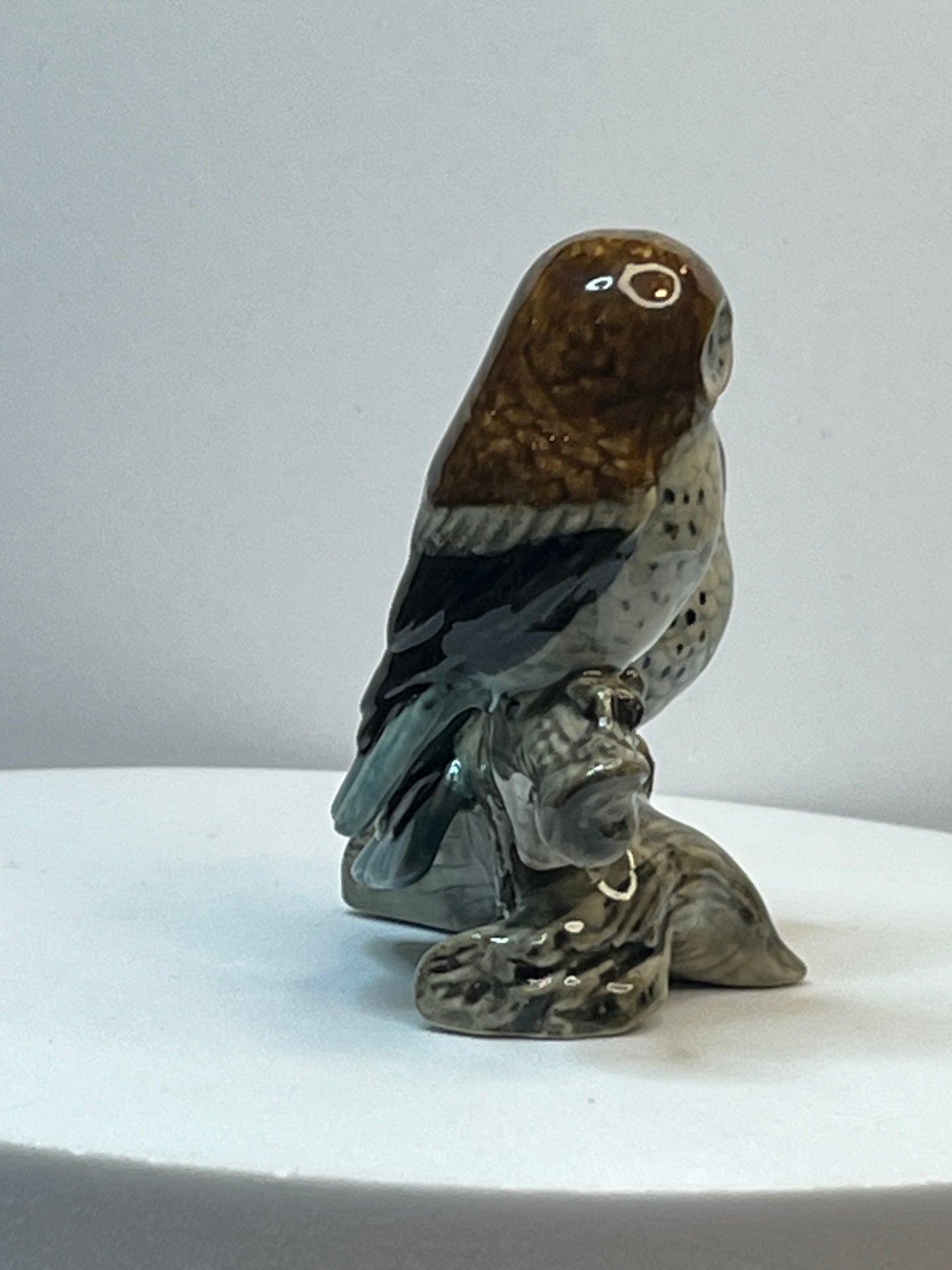 Miniature Porcelain Two Brown and Blue Owls on Log Figurine