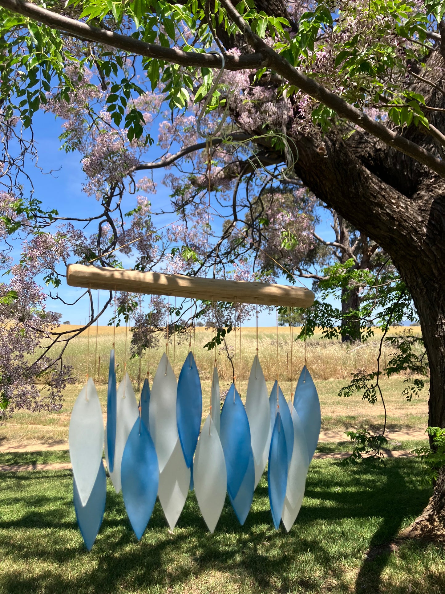 Blue and White Glass Wind Chime With Driftwood