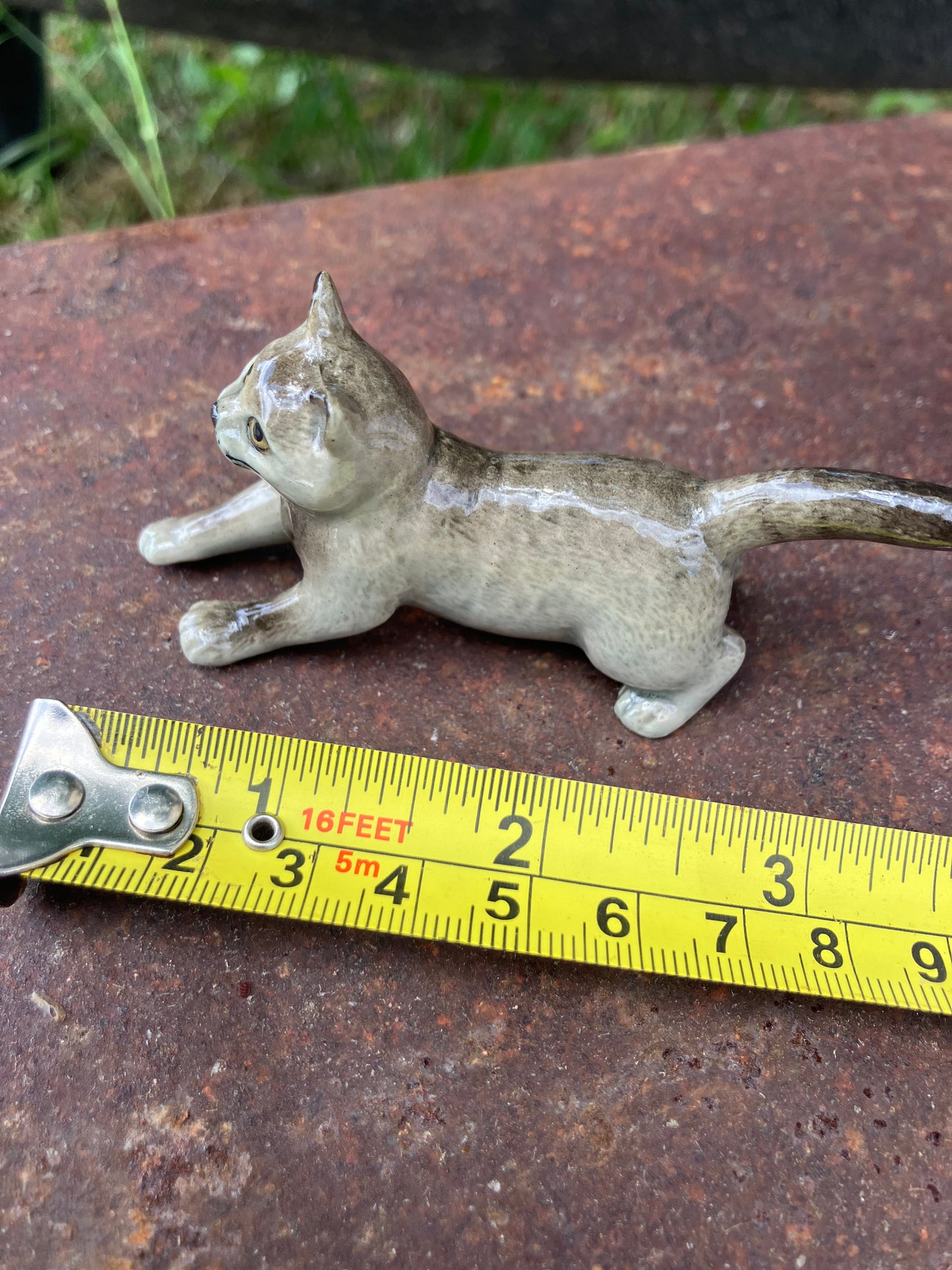 Miniature Porcelain Grey Cat Hand Painted Figurine