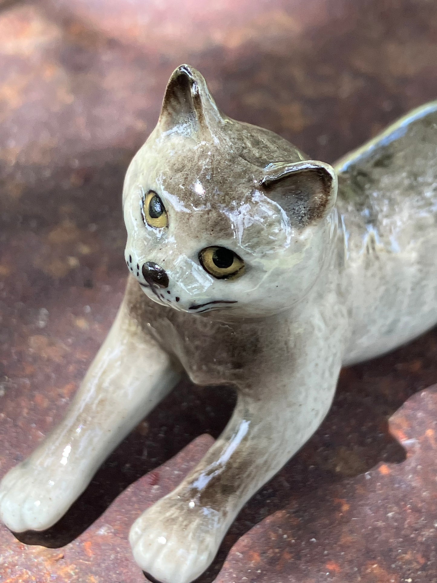 Miniature Porcelain Grey Cat Hand Painted Figurine