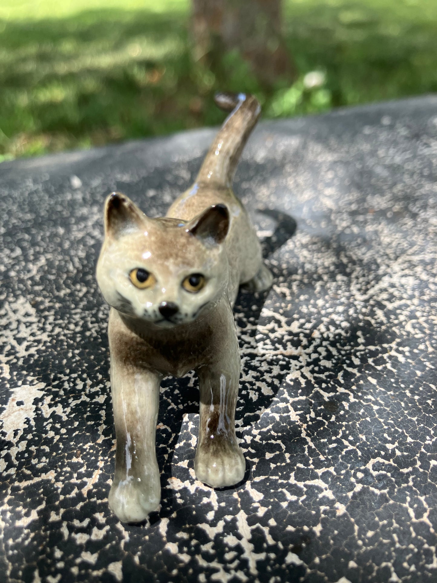Miniature Porcelain Grey Cat Hand Painted Figurine
