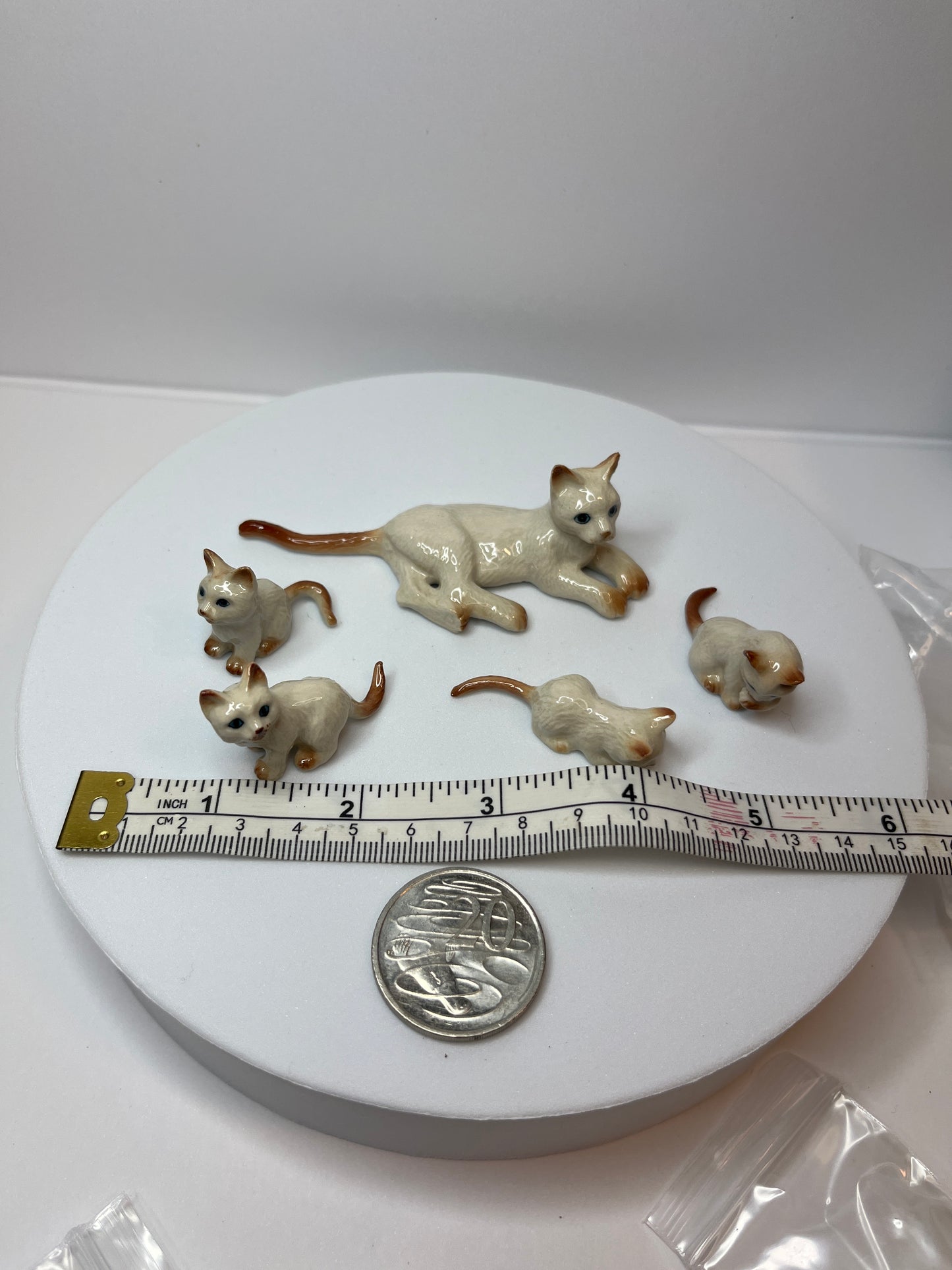 Miniature Porcelain White and Ginger Mother Cat with Kittens and Milk Bottle Figurine