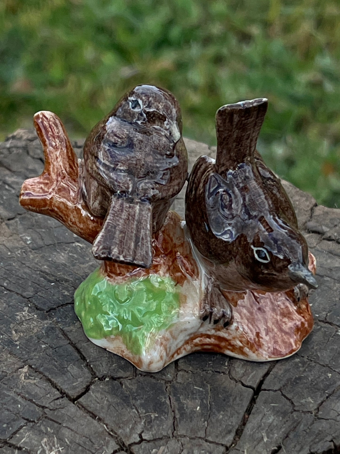 Miniature Porcelain Female Blue Wrens on Log Figurine