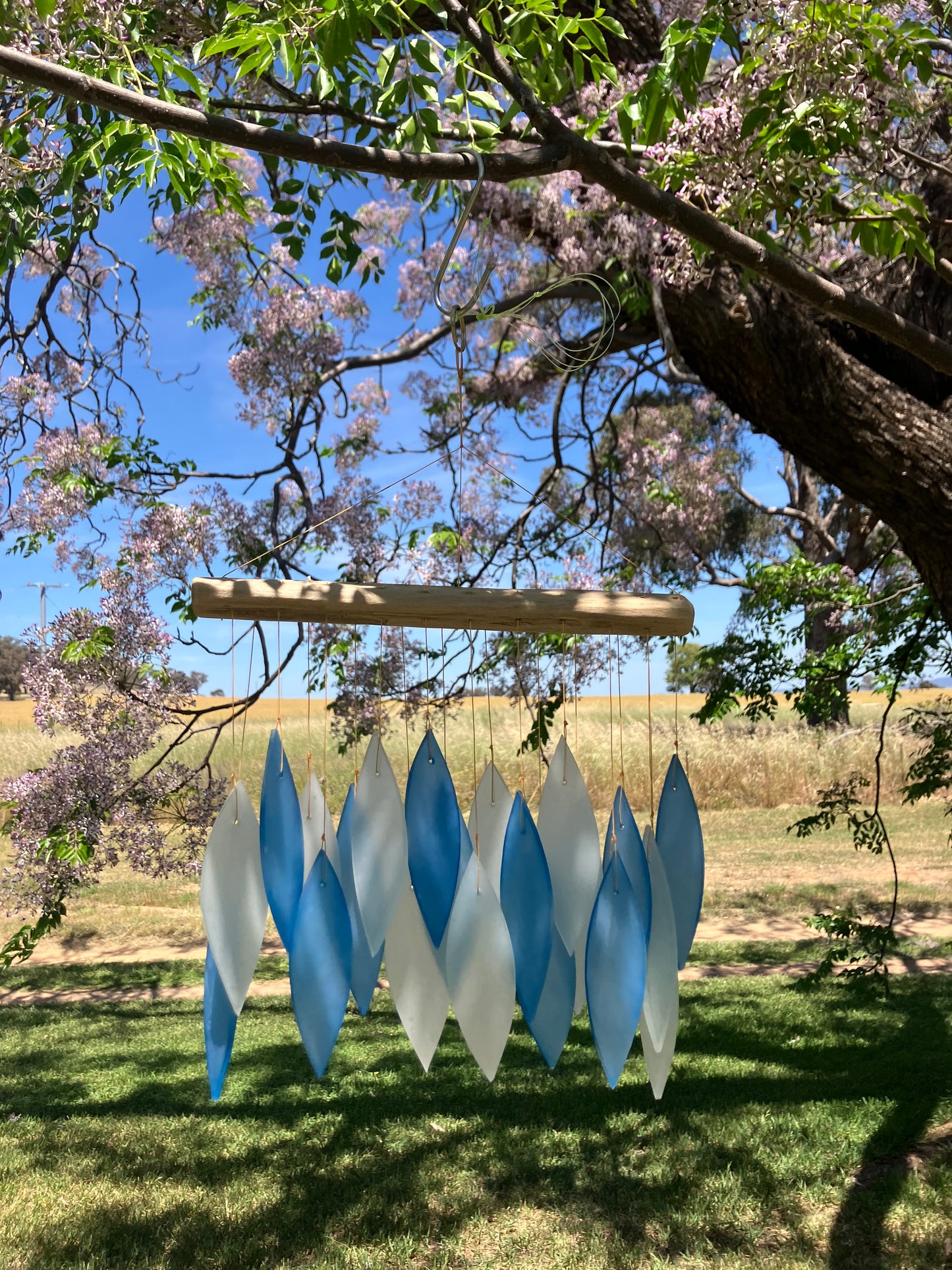 Blue and White Glass Wind Chime With Driftwood