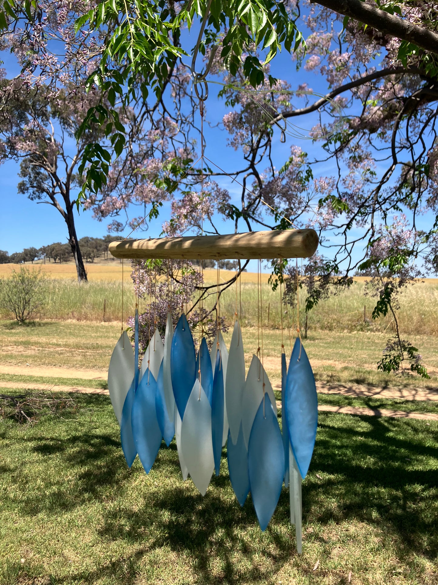 Blue and White Glass Wind Chime With Driftwood