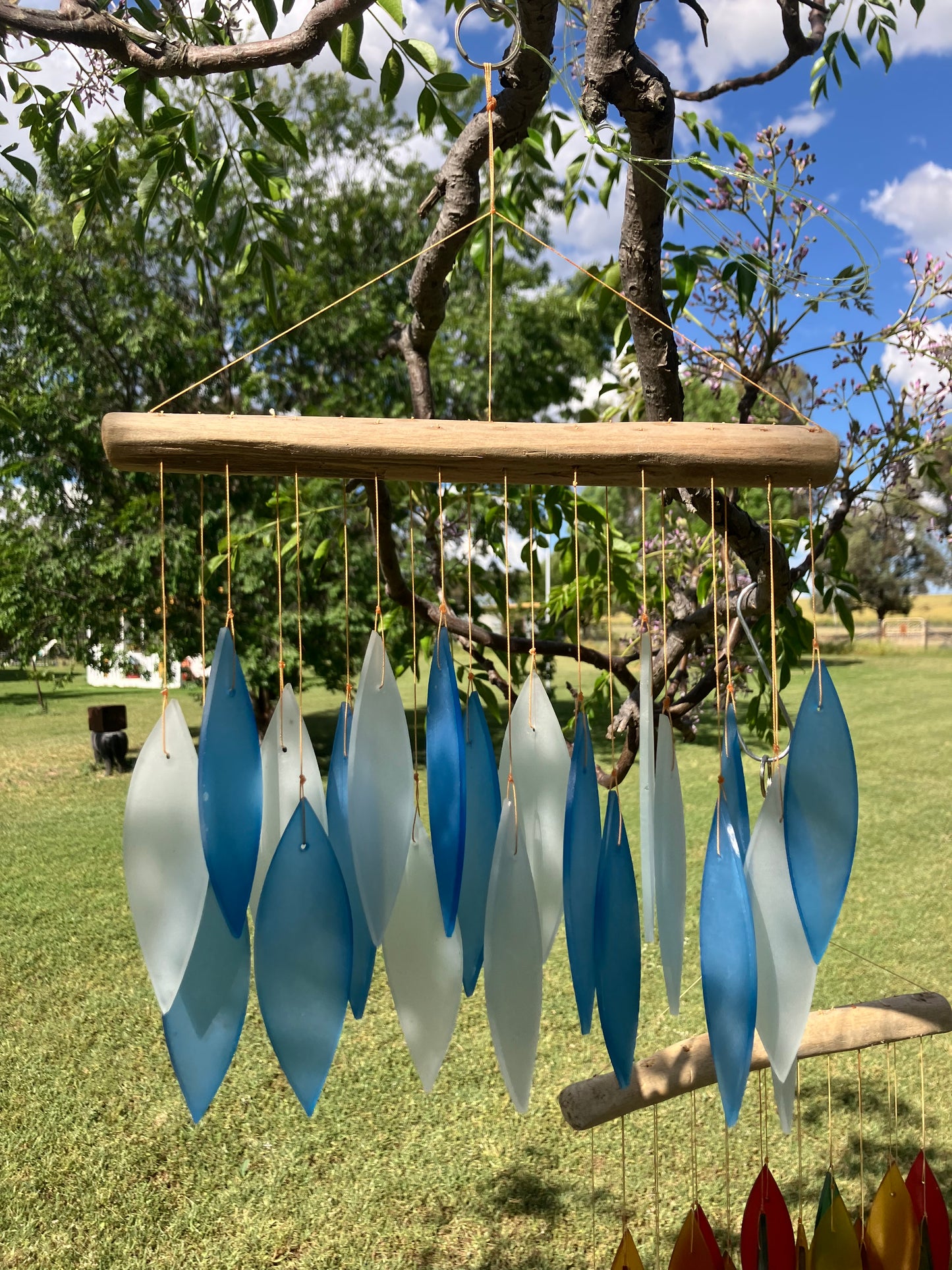 Blue and White Glass Wind Chime With Driftwood