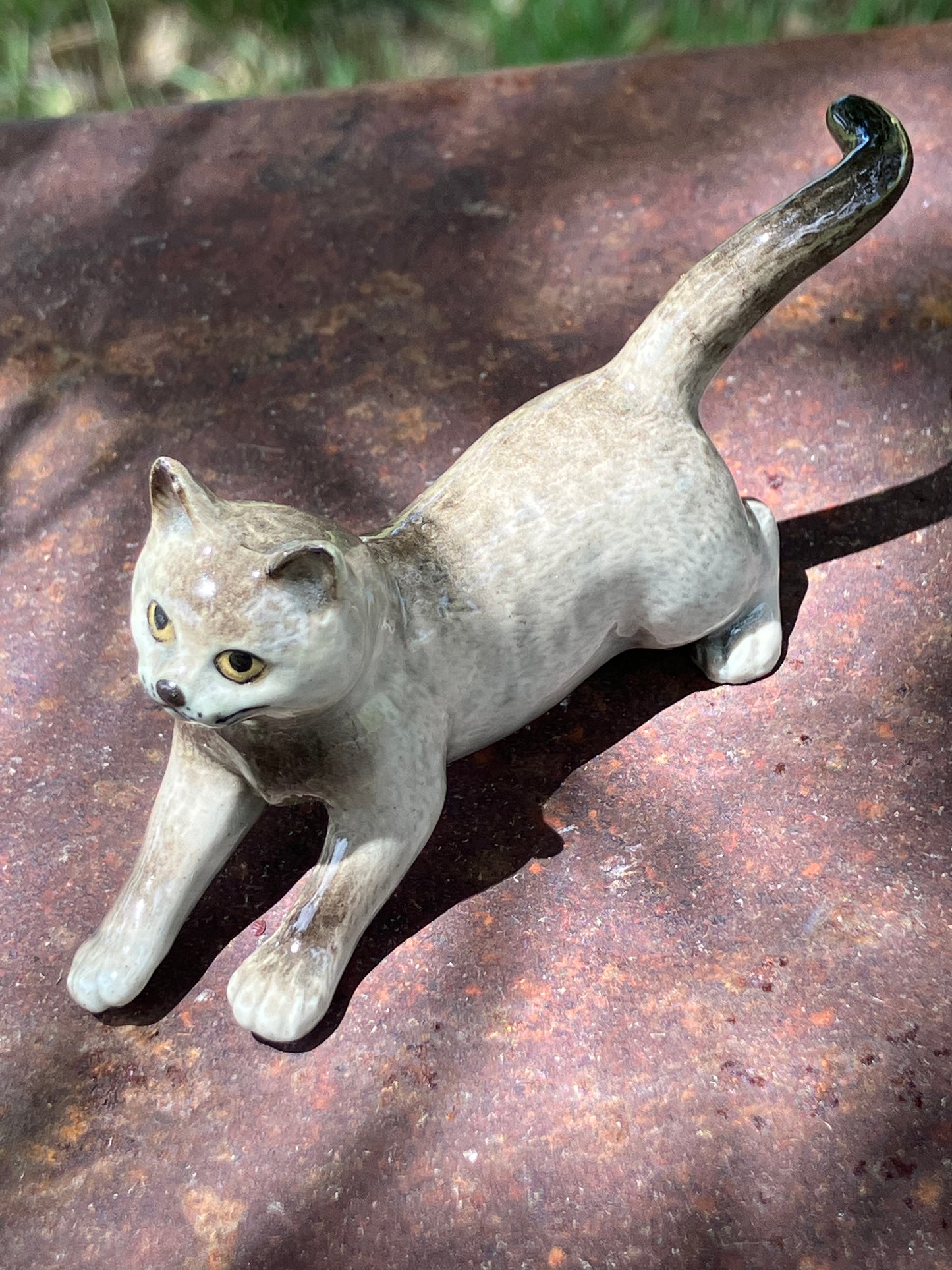 Miniature Porcelain Grey Cat Hand Painted Figurine