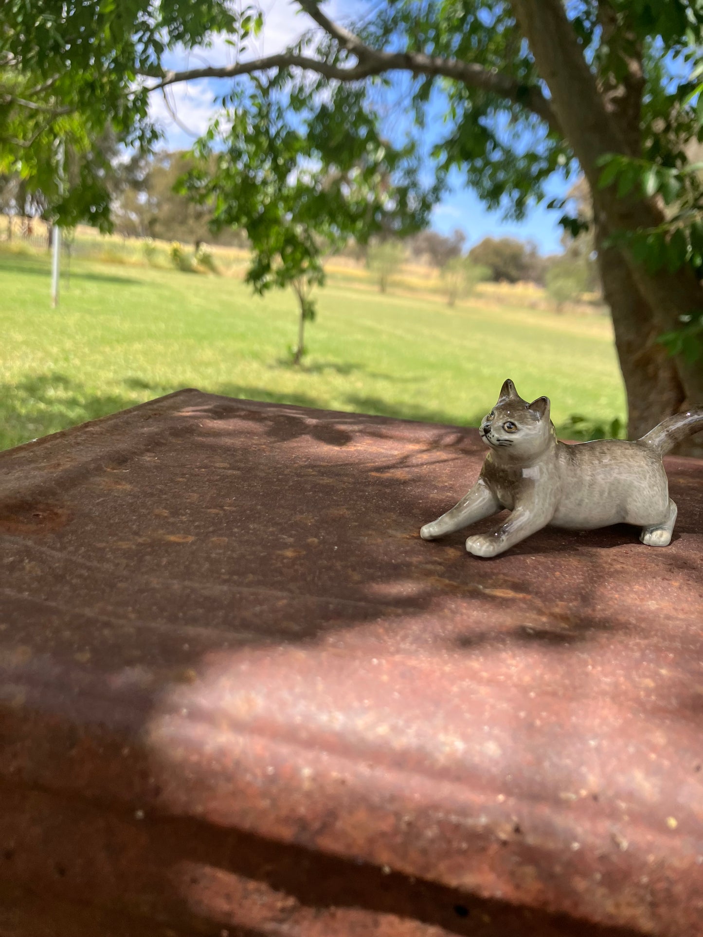 Miniature Porcelain Grey Cat Hand Painted Figurine