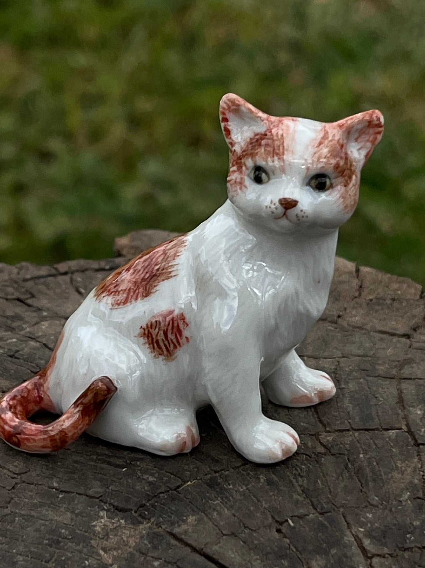 Miniature Porcelain Ginger and White Cat Sitting Figurine