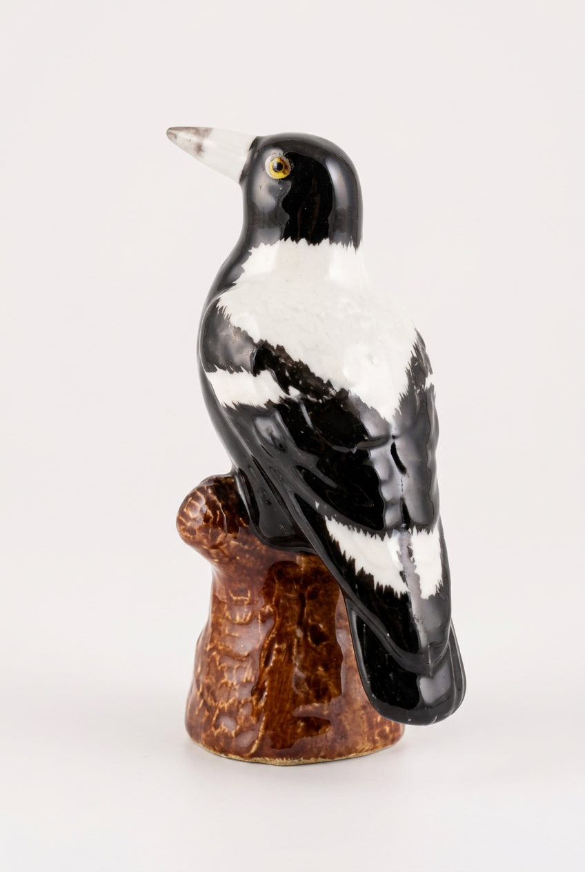 Miniature Porcelain Magpie Figurine Sitting on Log
