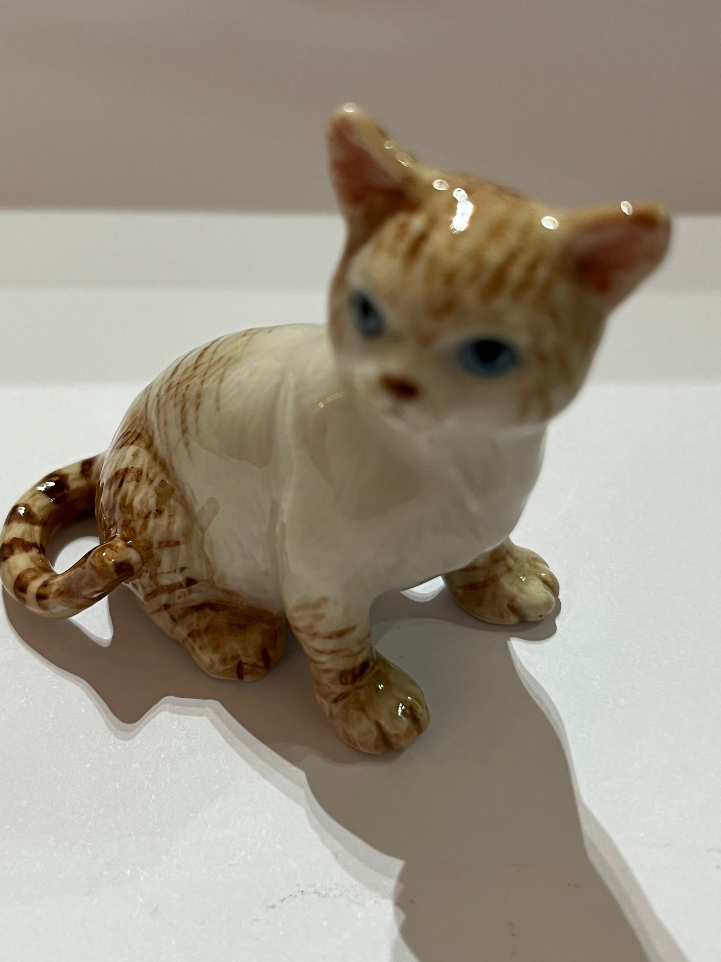 Miniature Porcelain Cats Kittens Figurine White and Ginger Cat Sitting
