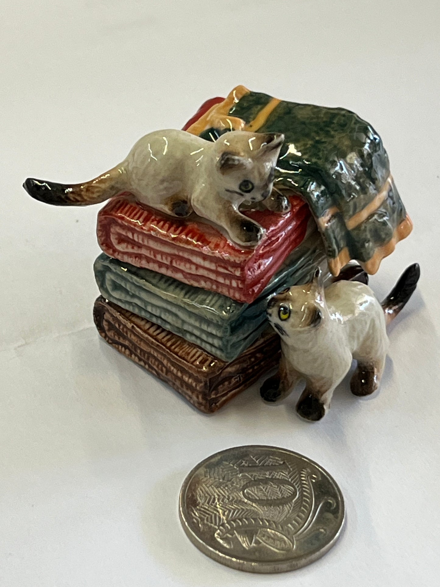Miniature Porcelain Siamese Cats on Blankets