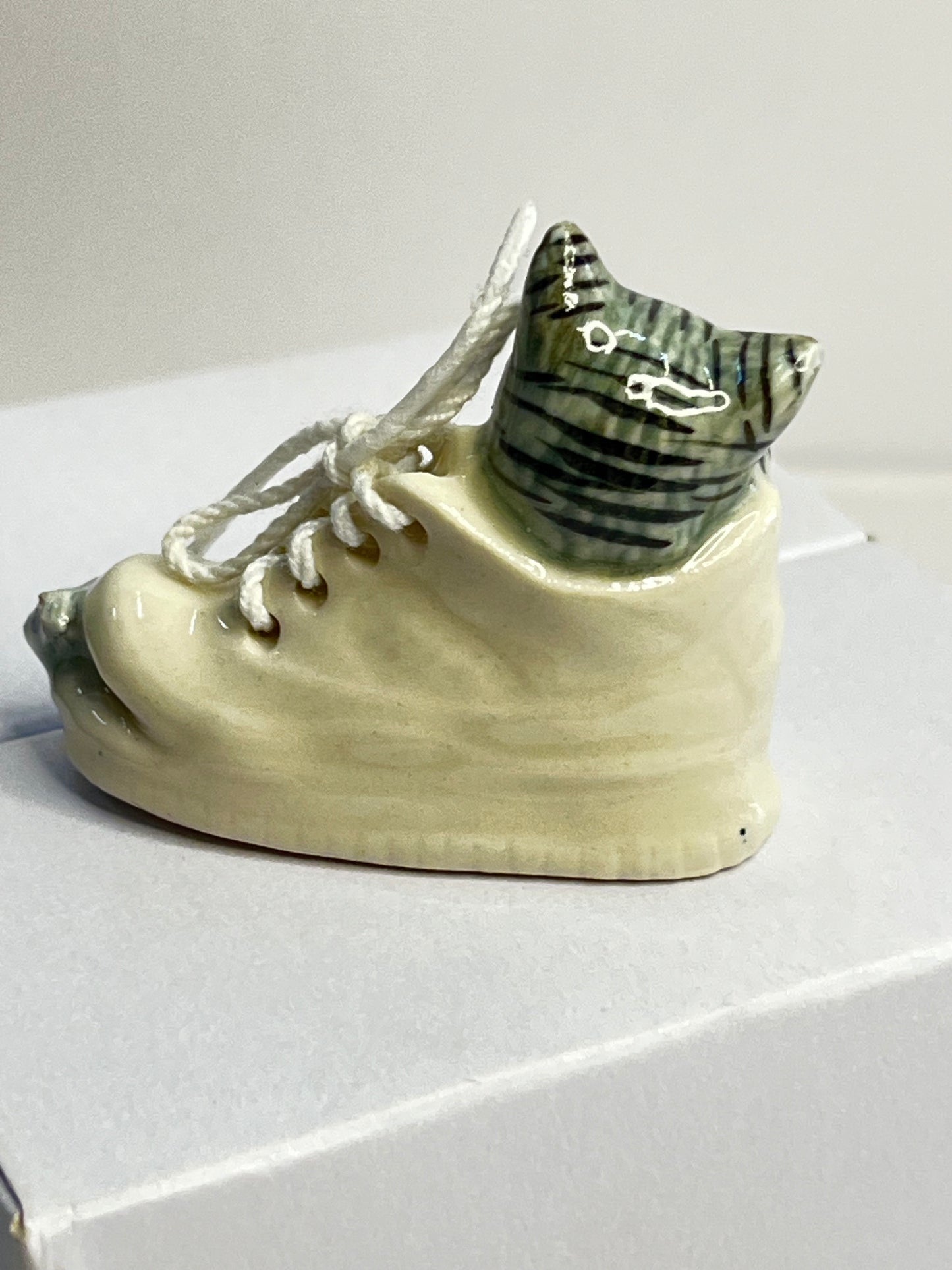 Miniature Porcelain Grey Cat Sleeping in Shoe With Mouse Figurine