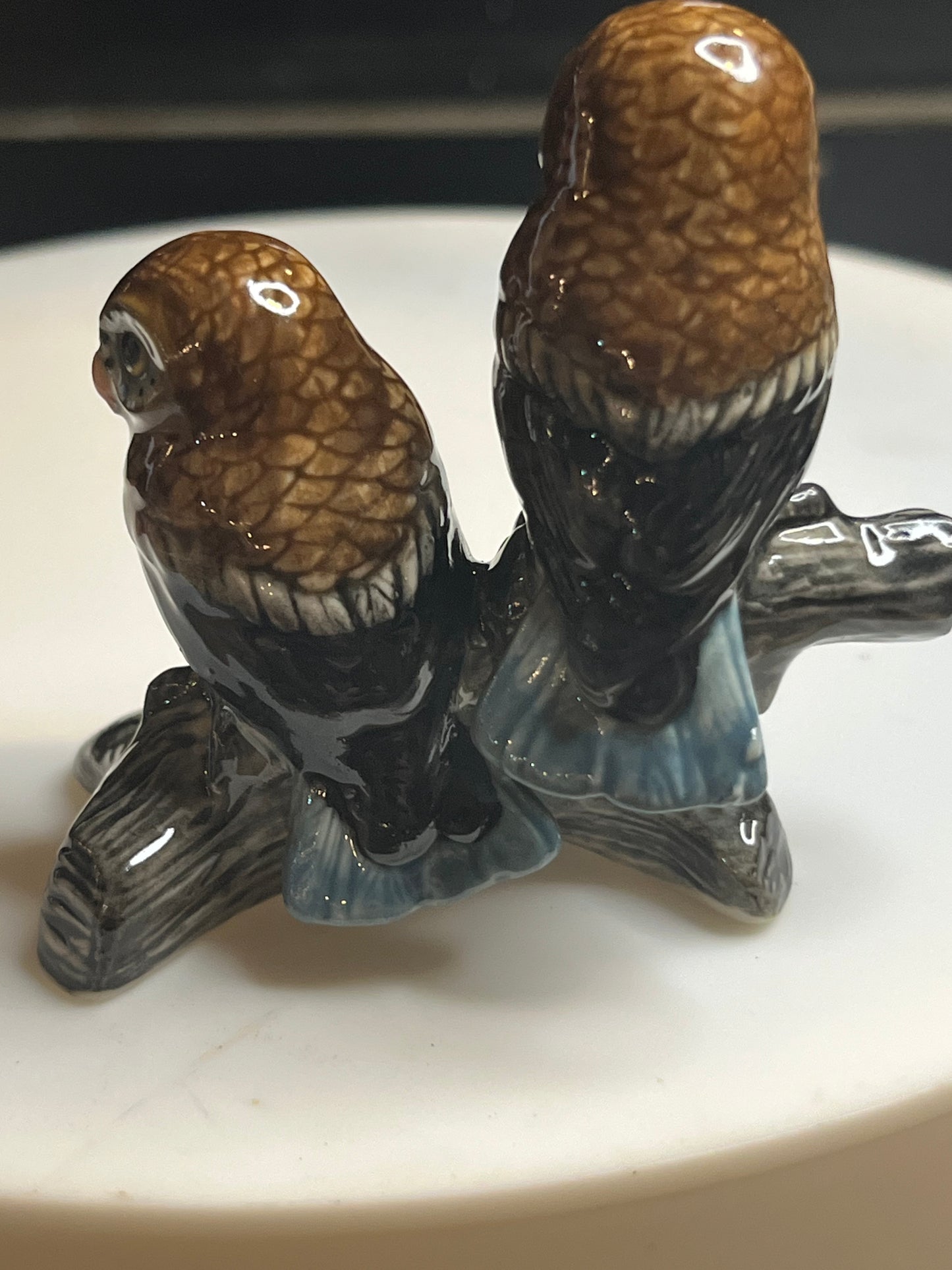 Miniature Hand Painted Porcelain Owls Sitting on Log