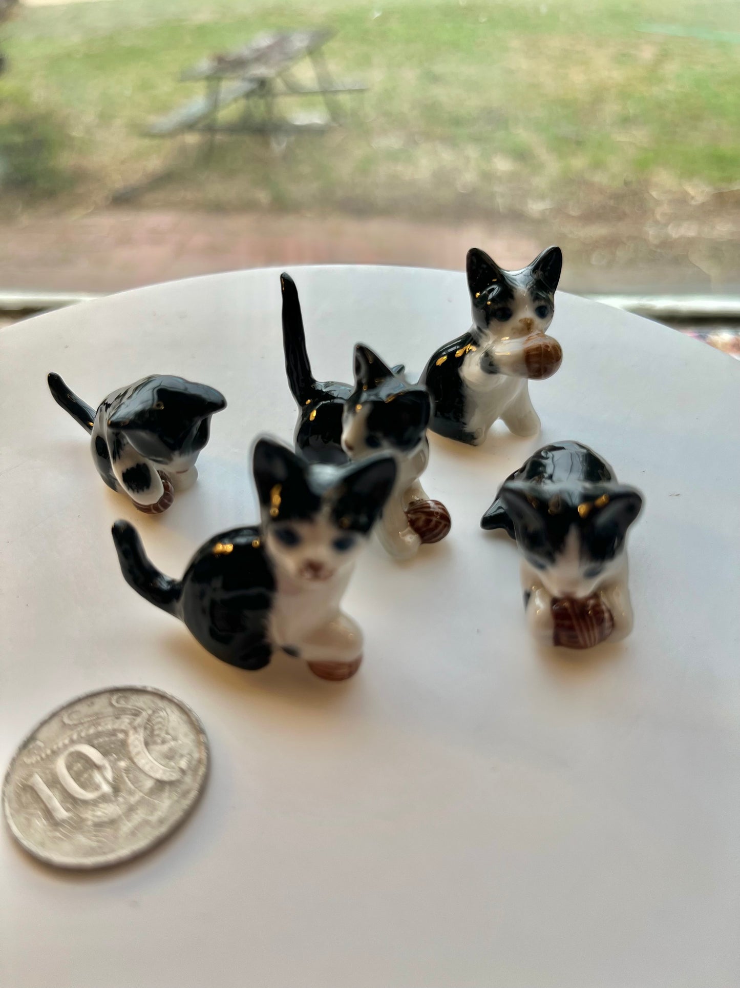 Miniature Porcelain Black and White Kittens Cats Playing with Wool 5 Pcs Set