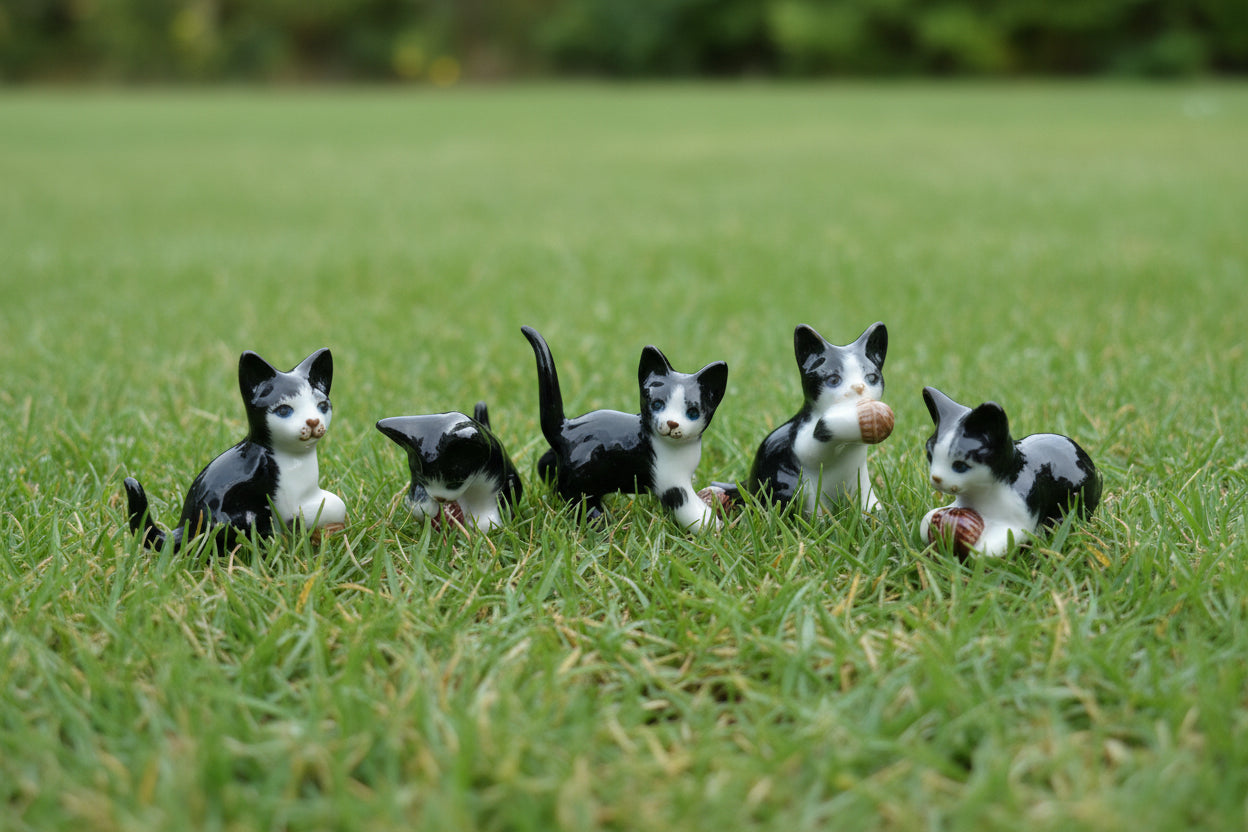 Miniature Porcelain Black and White Kittens Cats Playing with Wool 5 Pcs Set