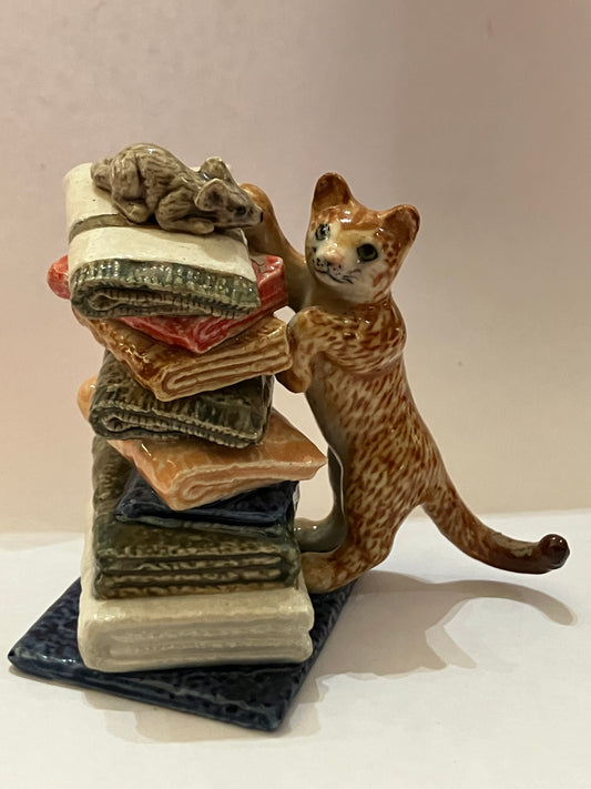 Miniature Porcelain Ginger Cat Chasing Mouse On Towels