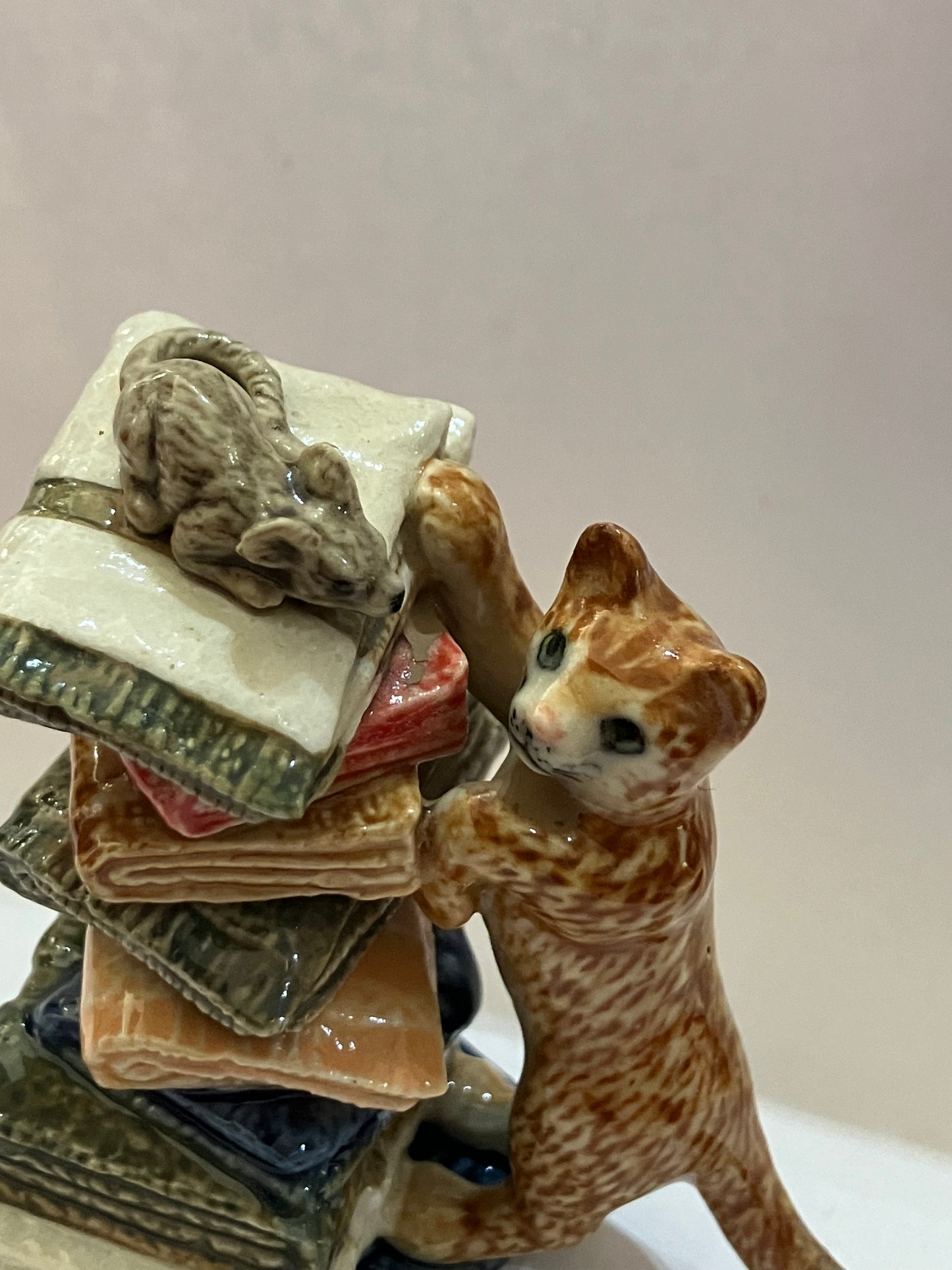 Miniature Porcelain Ginger Cat Chasing Mouse On Towels