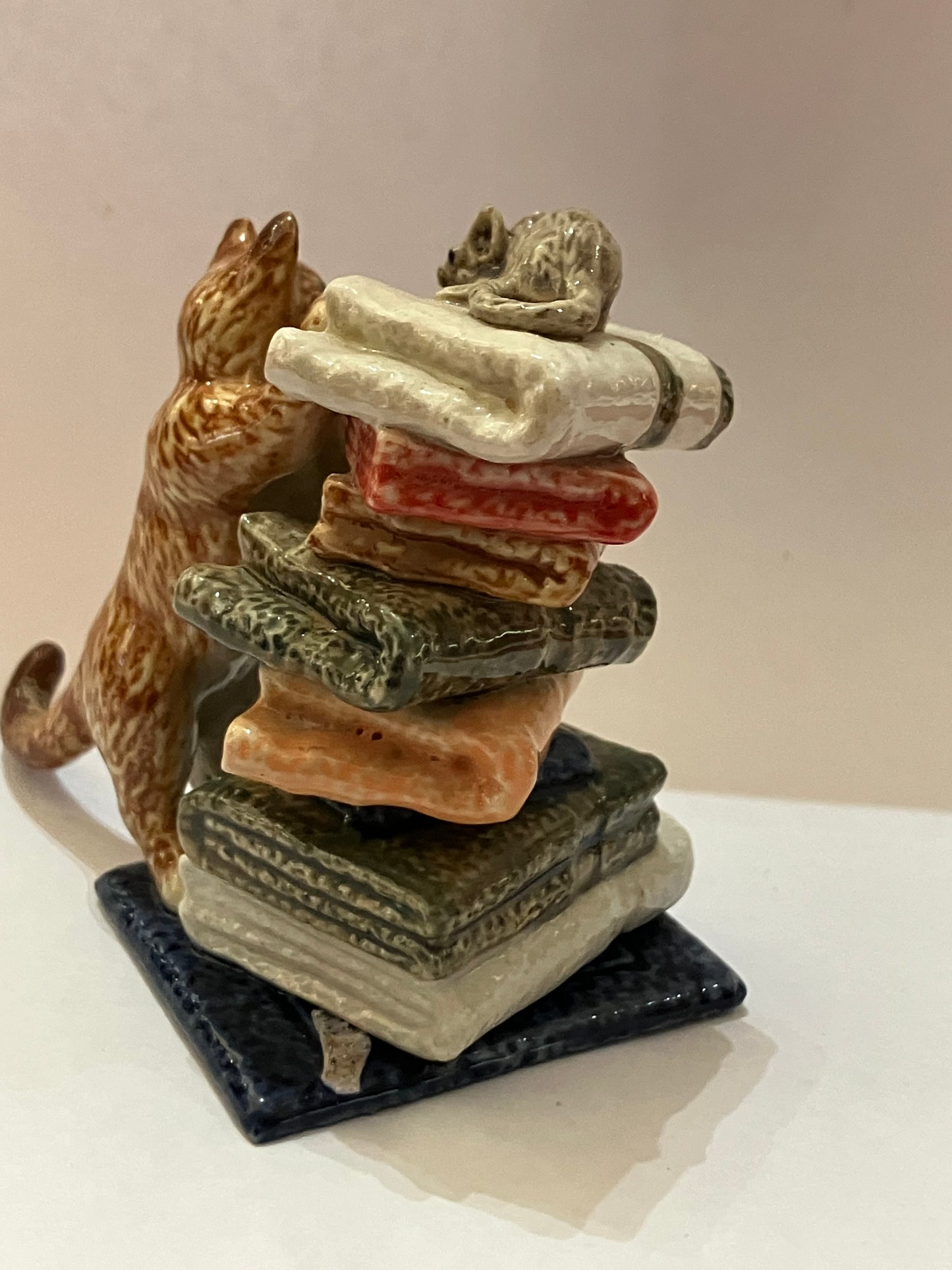 Miniature Porcelain Ginger Cat Chasing Mouse On Towels