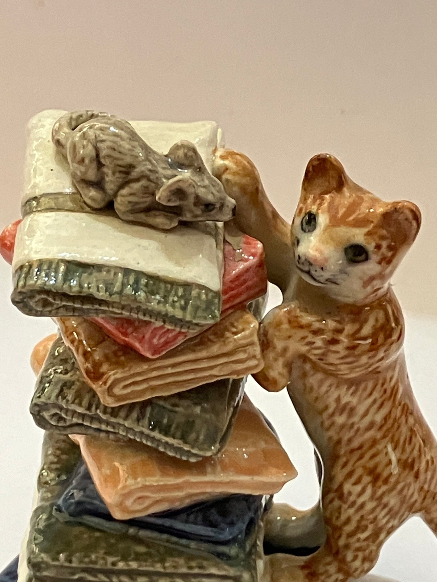 Miniature Porcelain Ginger Cat Chasing Mouse On Towels