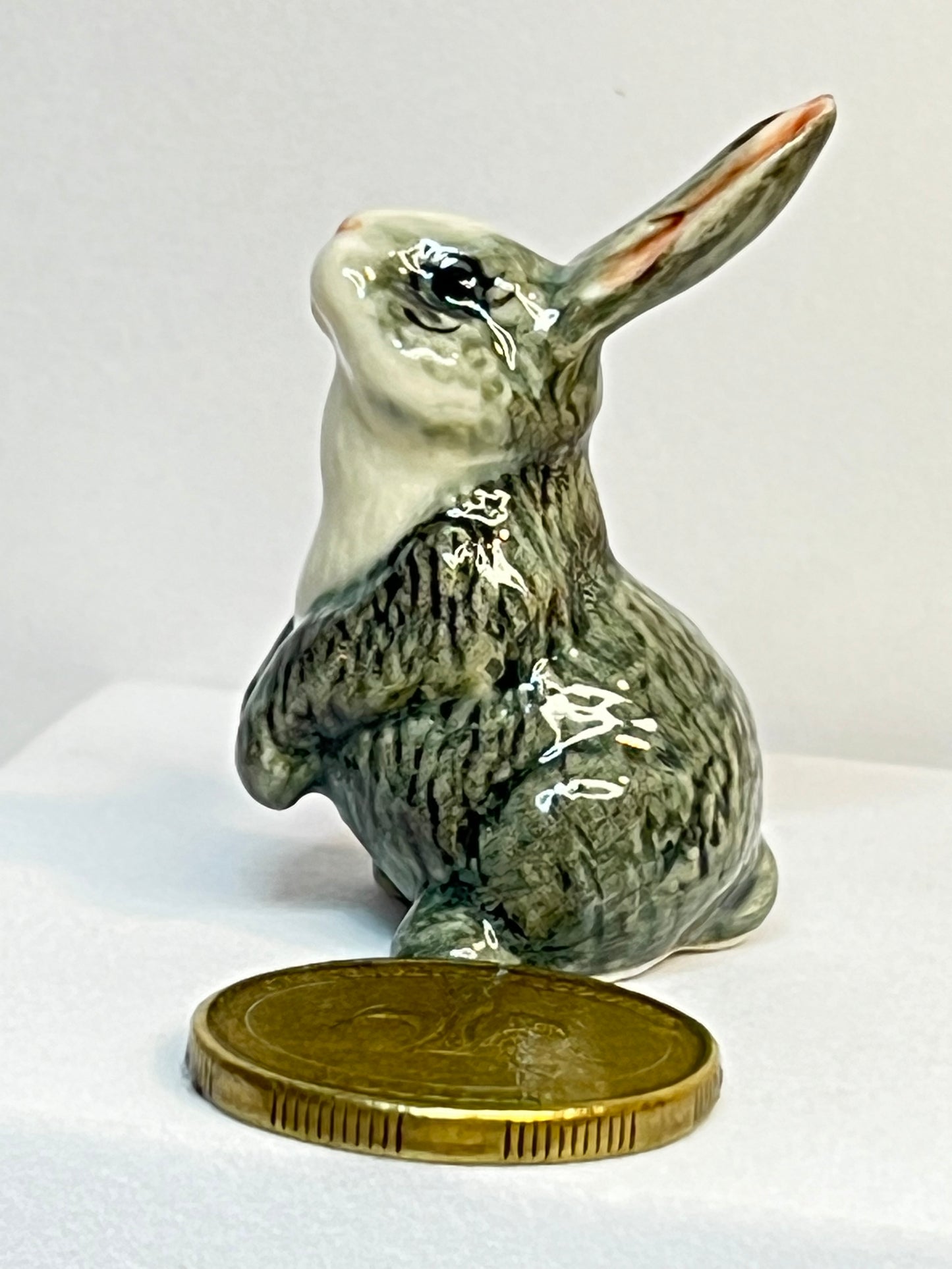Miniature Porcelain Grey and White Bunny Rabbit Figurine Sitting Up