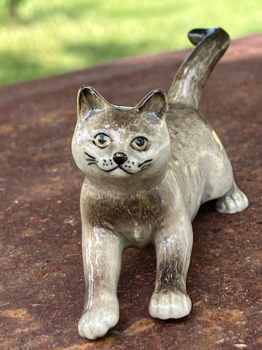 Miniature Porcelain Grey Cat Hand Painted Figurine