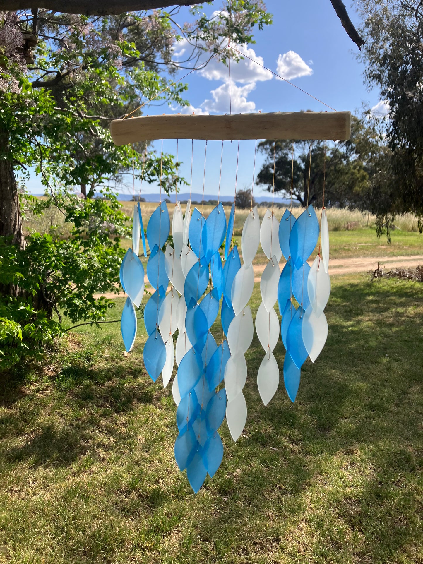 Blue and White Glass and Driftwood Wind Chime