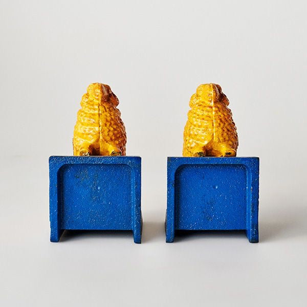 Golden Fleece Ram Cast Iron Bookends Blue Base