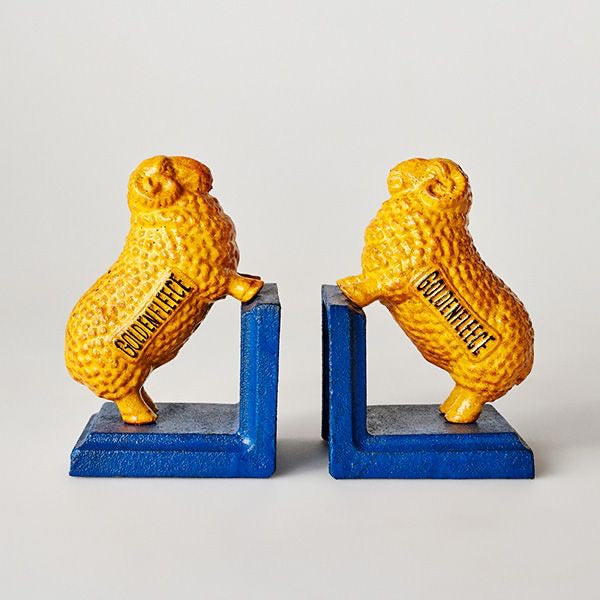 Golden Fleece Ram Cast Iron Bookends Blue Base