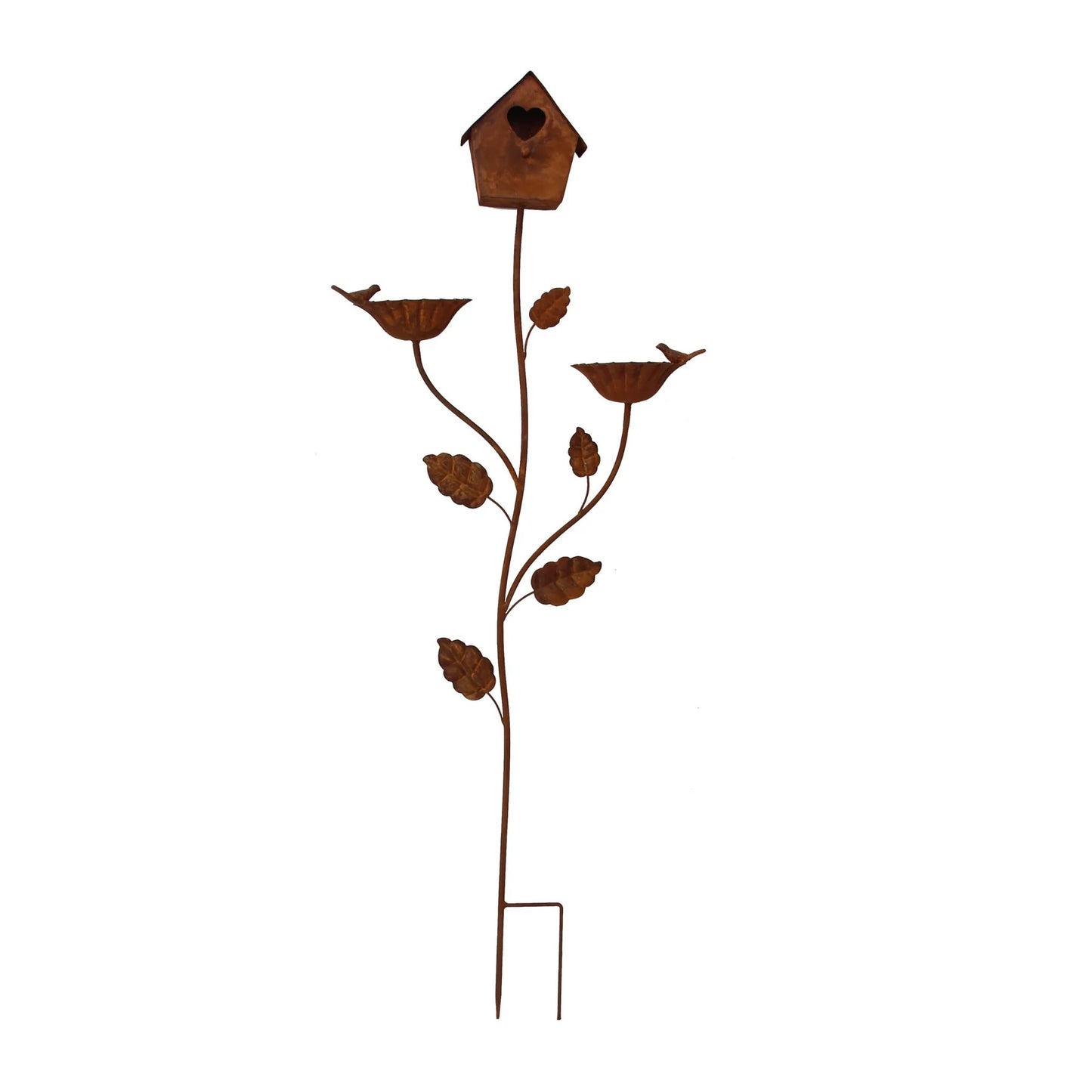 Rusty Garden Stake - with Two Birds Feeders and Bird House