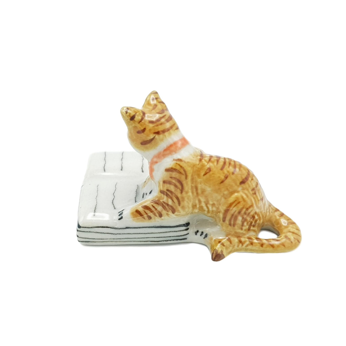 Miniature Porcelain Ginger Cat Reading a Book Figurine