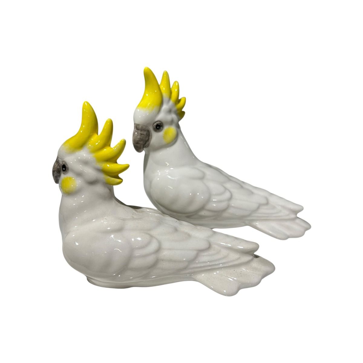 Large Miniature Porcelain Yellow Sulphur-Crested Cockatoo Figurine Set