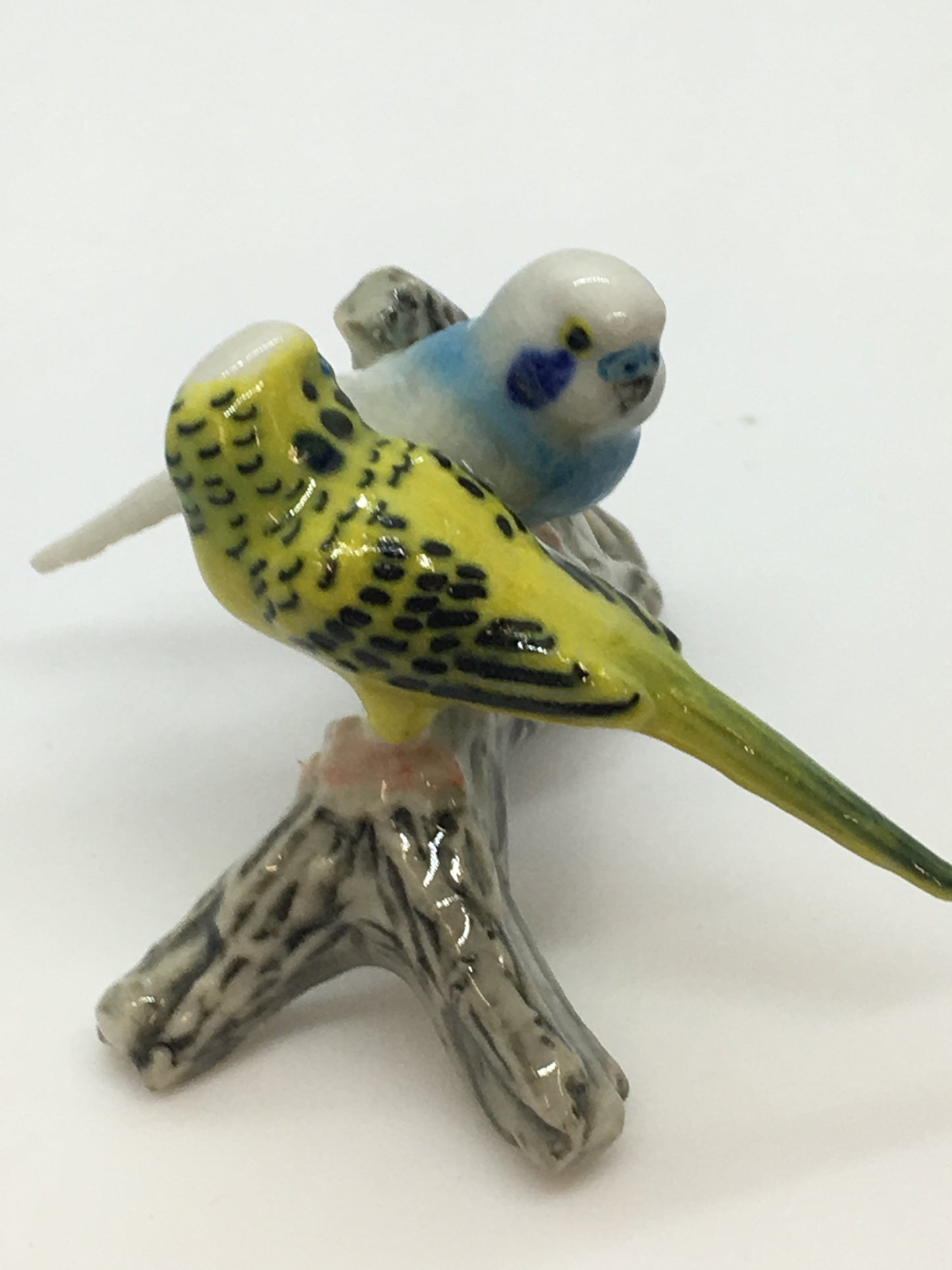 Miniature Porcelain Bird Figurines Budgerigars On Branch