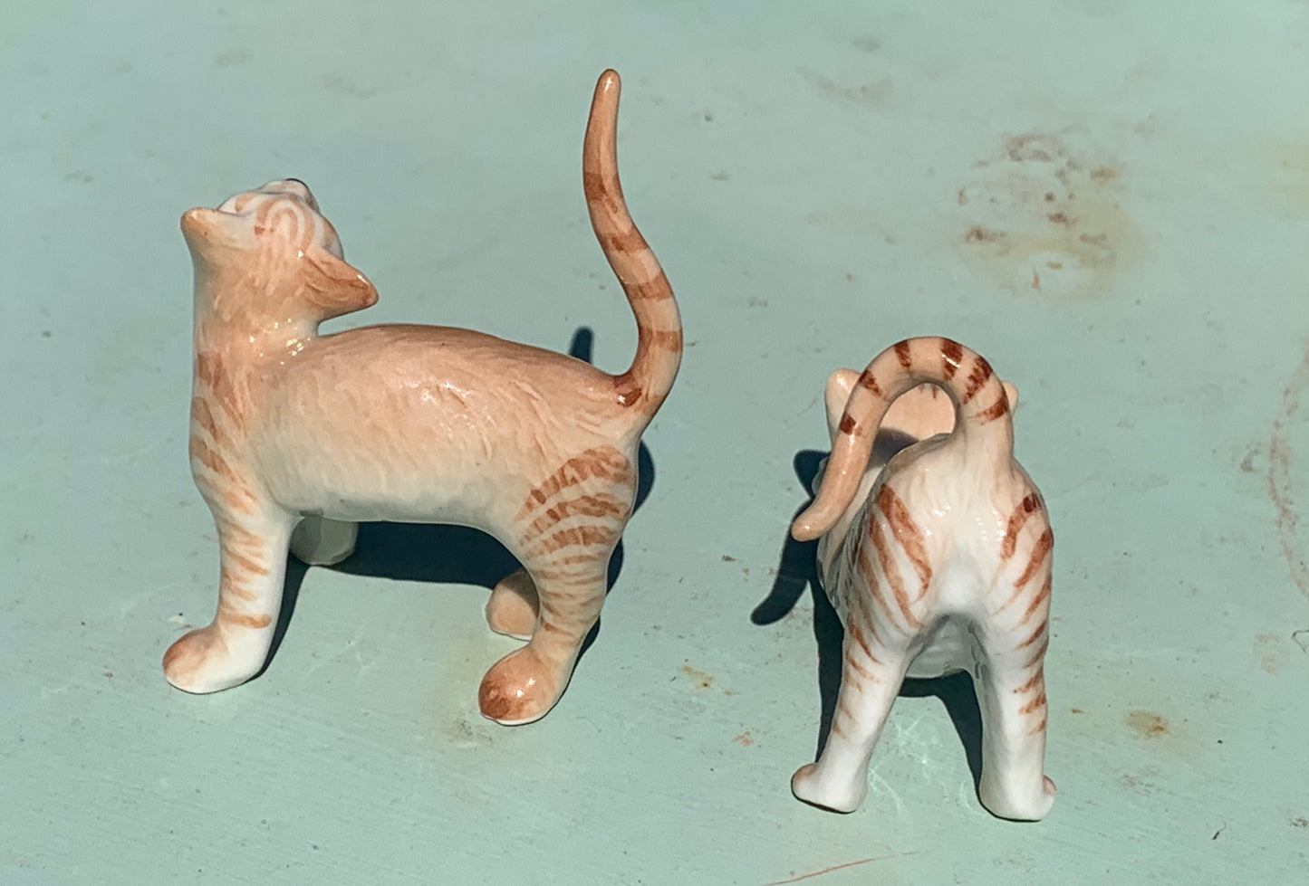 Miniature Porcelain Stretching Ginger Cat Figurines — Set of 2