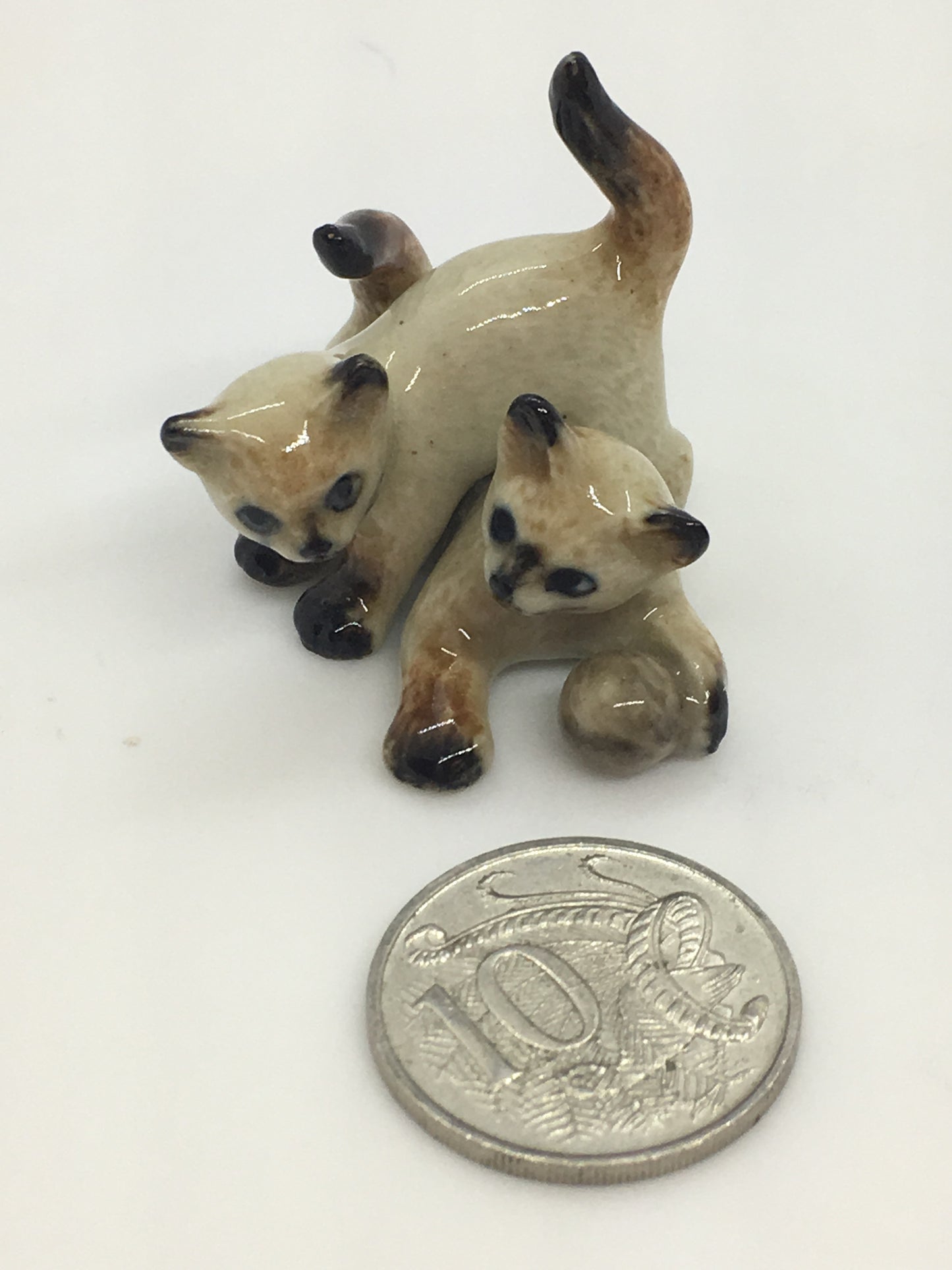 Miniature Porcelain Cats Kittens Figurines Mini Kitten Siamese Cats Playing Ball 2 pcs