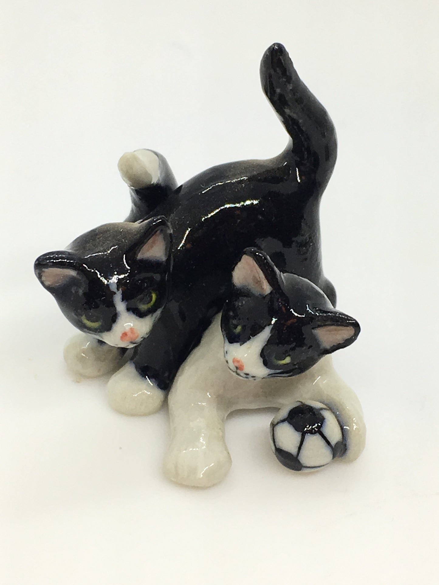 Miniature Porcelain Cats Kittens Figurines Mini Kitten Black And White Cats Playing Ball