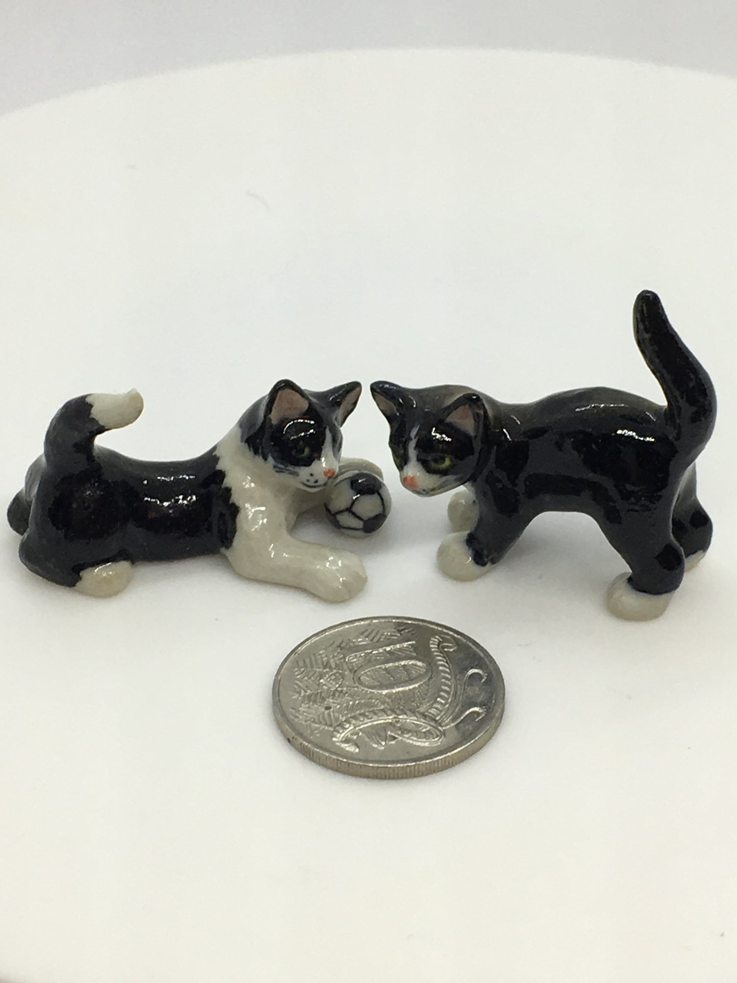 Miniature Porcelain Cats Kittens Figurines Mini Kitten Black And White Cats Playing Ball