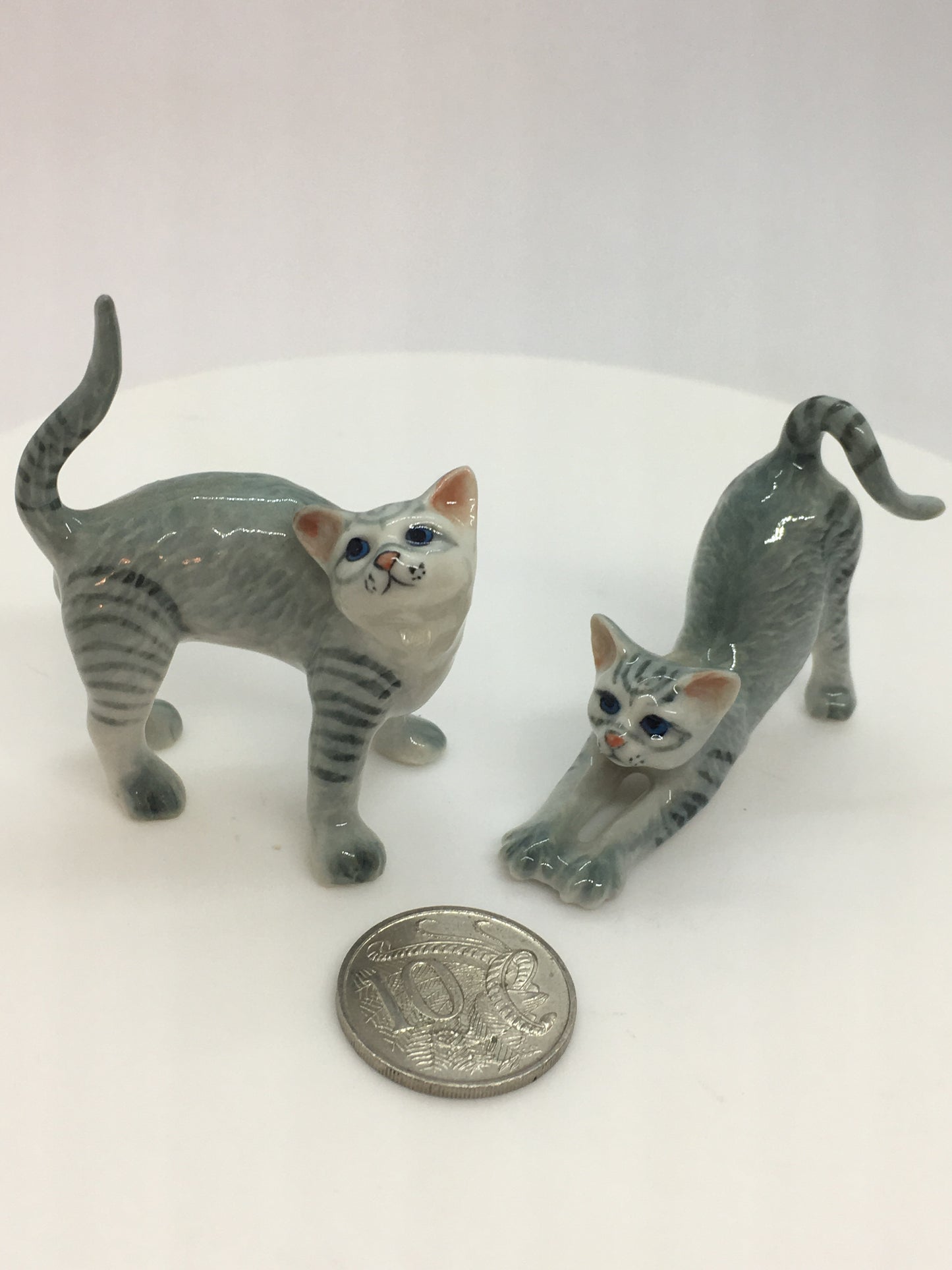 Miniature Porcelain Cats Kittens Figurines Grey Tabby Cats Stretching