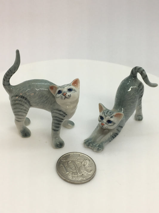 Miniature Porcelain Cats Kittens  Figurines Grey Tabby Cats Stretching