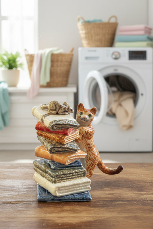 Miniature Porcelain Ginger Cat Chasing Mouse on Towels Figurine