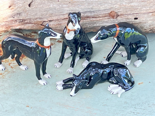 Miniature Porcelain Dog Figurines Black And White Greyhound Family Dog Breed