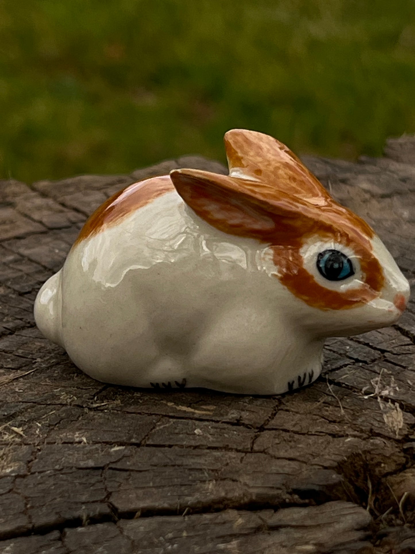 Miniature Porcelain Ginger and White Rabbit Sitting Ears Down Figurine