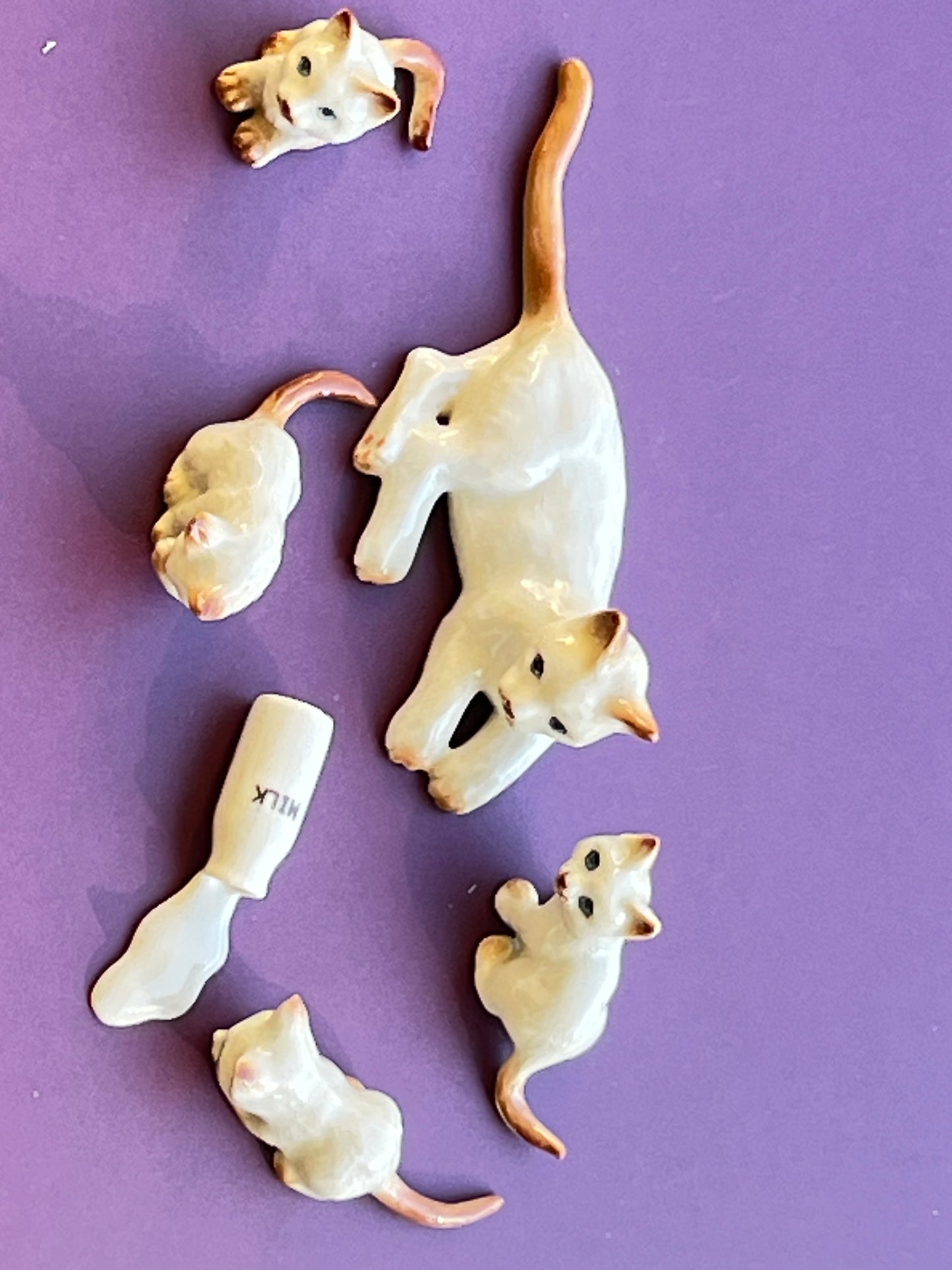 Miniature Porcelain White and Ginger Mother Cat with Kittens and Milk Bottle Figurine
