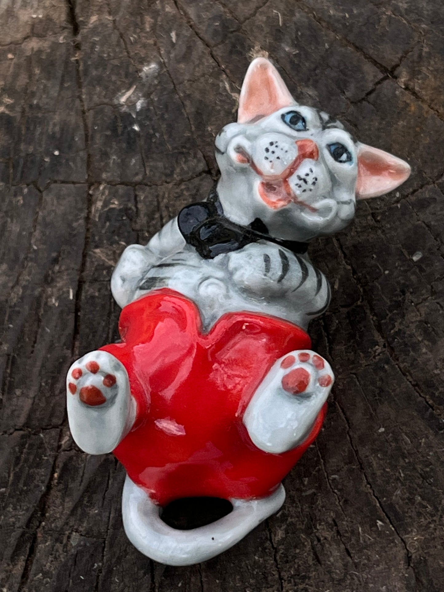 Miniature Porcelain Cat Wearing Red Pants Laying Down Figurine