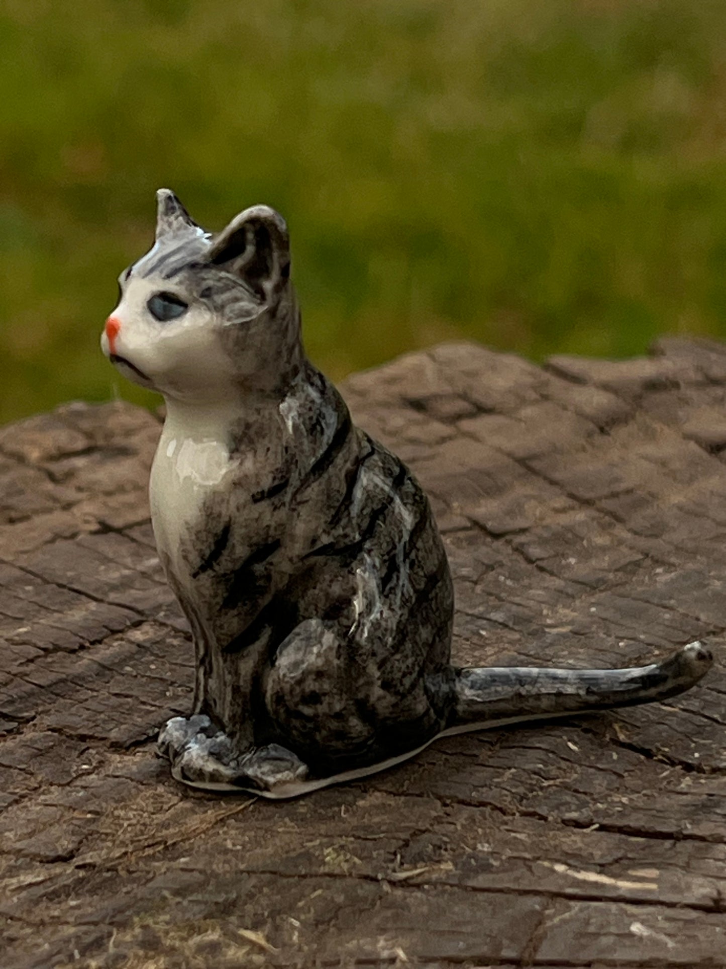 Miniature Porcelain Grey Striped Cat Sitting Up Figurine