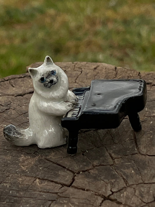 Miniature Porcelain Siamese Cat Playing Piano Figurine