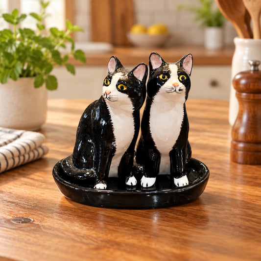 Tuxedo Black and White Cat Salt & Pepper Shakers