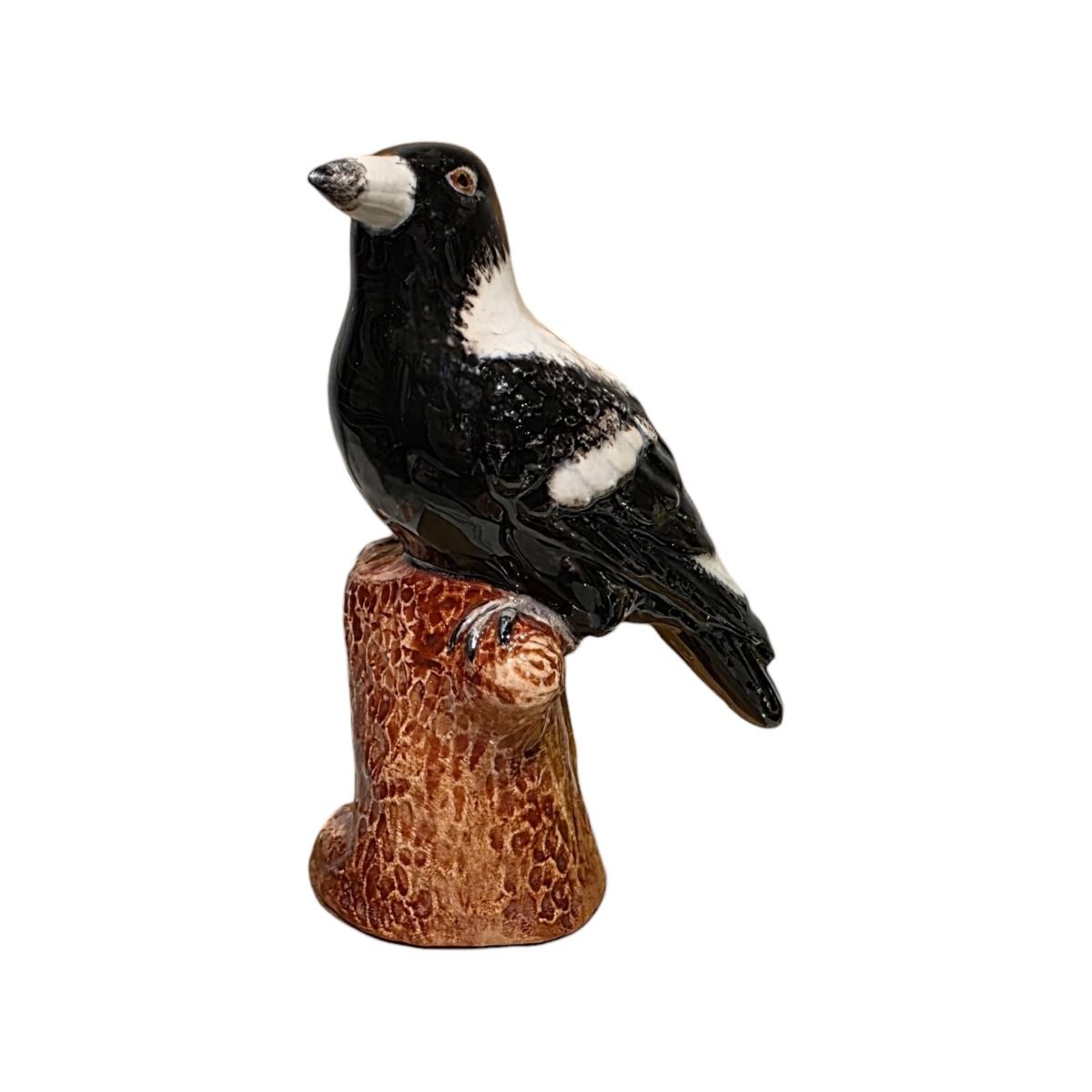 Miniature Porcelain Magpie Figurine Sitting on Log